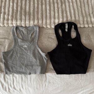 Two ALO Yoga Gray and Black Racerback Tank Tops